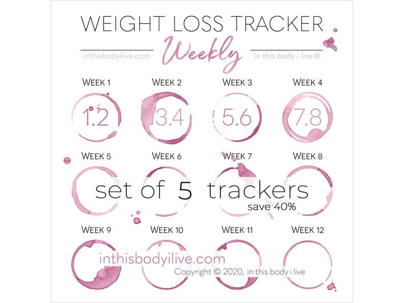 Weekly Weight Loss Trackers Set of 5 Weightloss Motivation Digital Download Wine O'Clock image 1