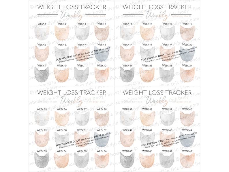 Weekly Weight Loss Trackers Set of 5 Cats Weight Loss Motivation Digital Download image 4