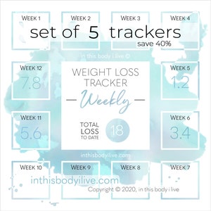 Weekly Weight Loss Trackers Set of 5 Weightloss Planner Digital Download Turquoise Splash image 1