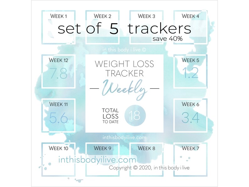 Weekly Weight Loss Trackers Set of 5 Weightloss Planner Digital Download Turquoise Splash image 1