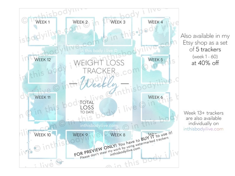 Weekly Weight Loss Tracker Weight Loss Calendar Digital Download Turquoise Splash image 3