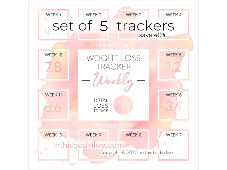 Weekly Weight Loss Trackers Set of 5 Weightloss Tracker Digital Download Coral Splash image 1