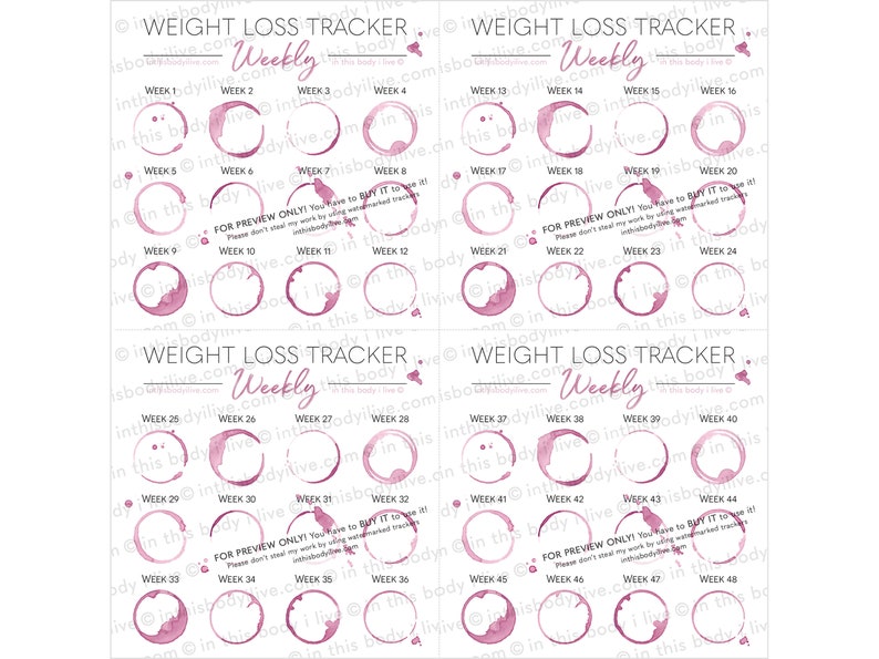 Weekly Weight Loss Trackers Set of 5 Weightloss Motivation Digital Download Wine O'Clock image 4