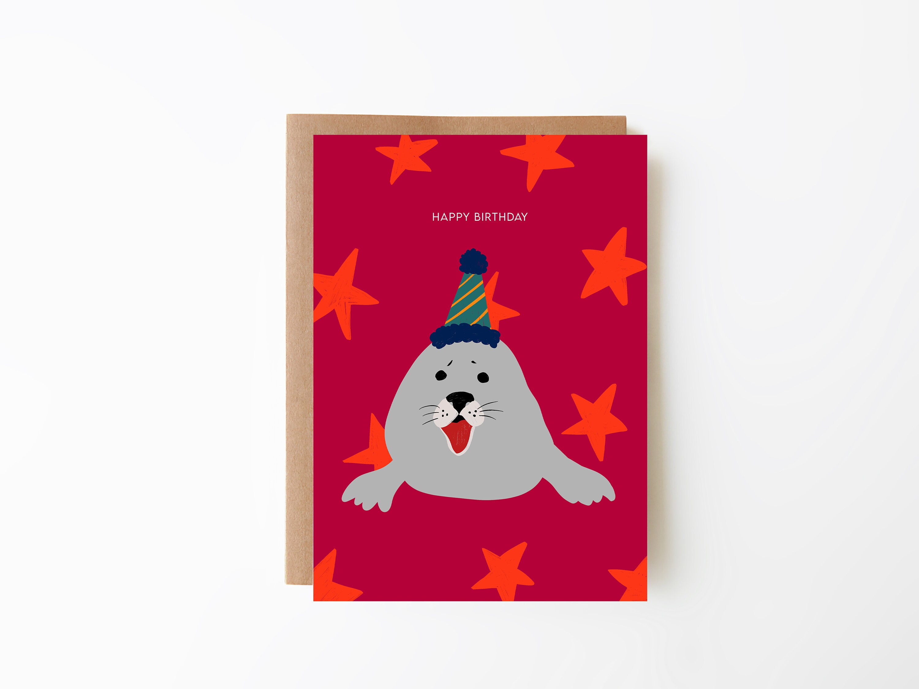 Happy Birthday Seal Celebration Card Animal Party Themed Hand Etsy