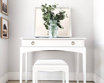 Spray painted white Stag small, compact dressing/console table with mirror and stool