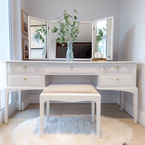 Spray painted white Stag Minstrel dressing table set with triple mirror & stool