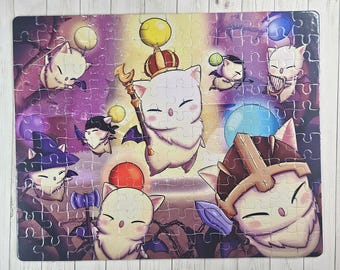 May include: A colorful jigsaw puzzle featuring cartoon characters with white fur and different accessories. The puzzle pieces are arranged in a whimsical pattern against a purple background.