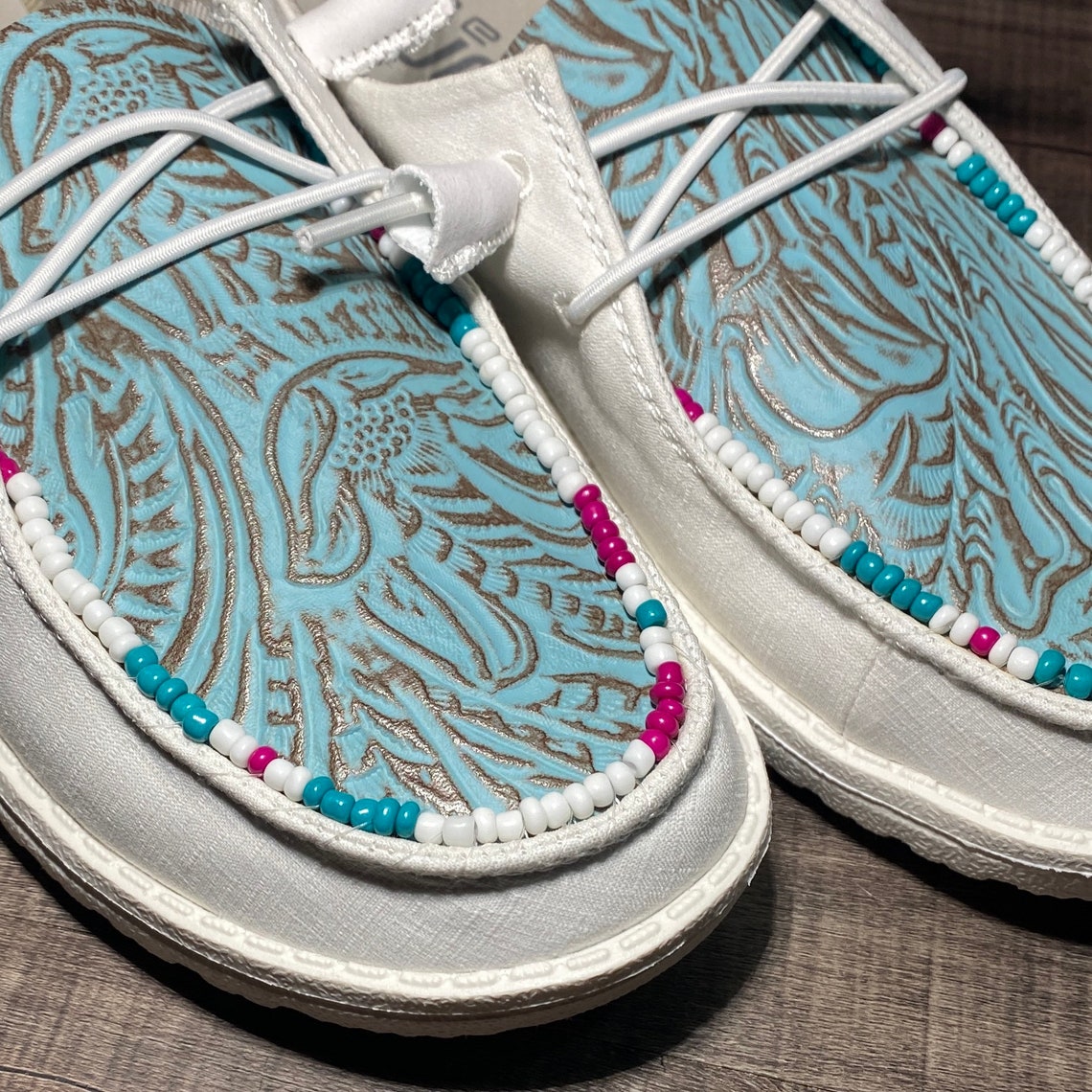 Custom Hey Dude Shoes Beaded Teal Tooled Leather Etsy