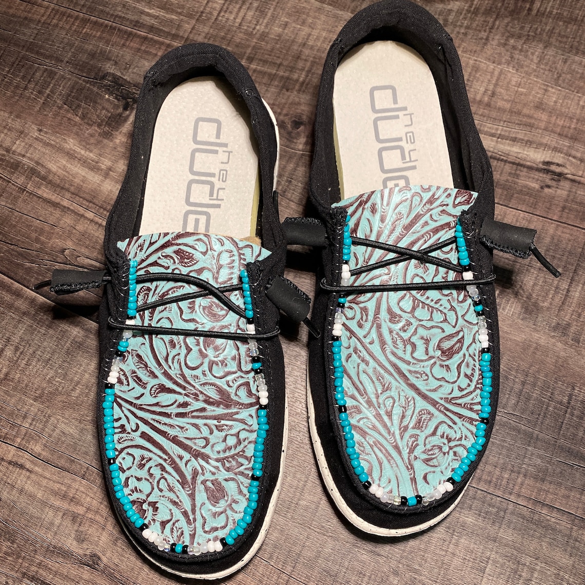 Custom Hey Dude Shoes Beaded Teal Tooled Leather Etsy
