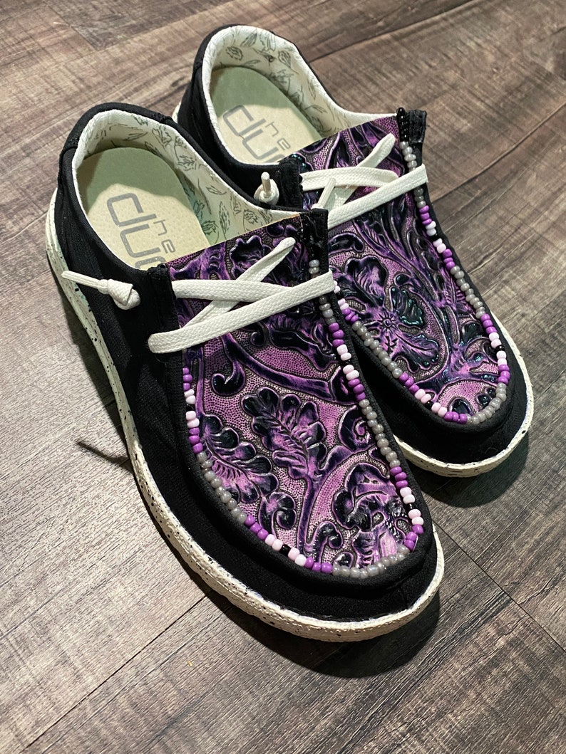 Custom Hey Dude Shoes Beaded Purple Tooled Leather Etsy