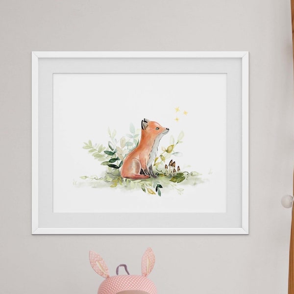 Illustration aquarelle, chambre enfant renard