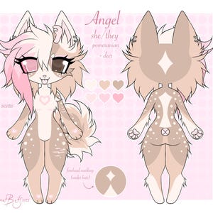 Peut inclure: Illustration numérique d'un personnage hybride Pomeranian-cerf nommé Angel, aux tons roses et bruns. Le personnage a de grands yeux, un cœur sur la poitrine et un marquage en forme de diamant. Le texte indique "Angel she/they pomeranian deer".