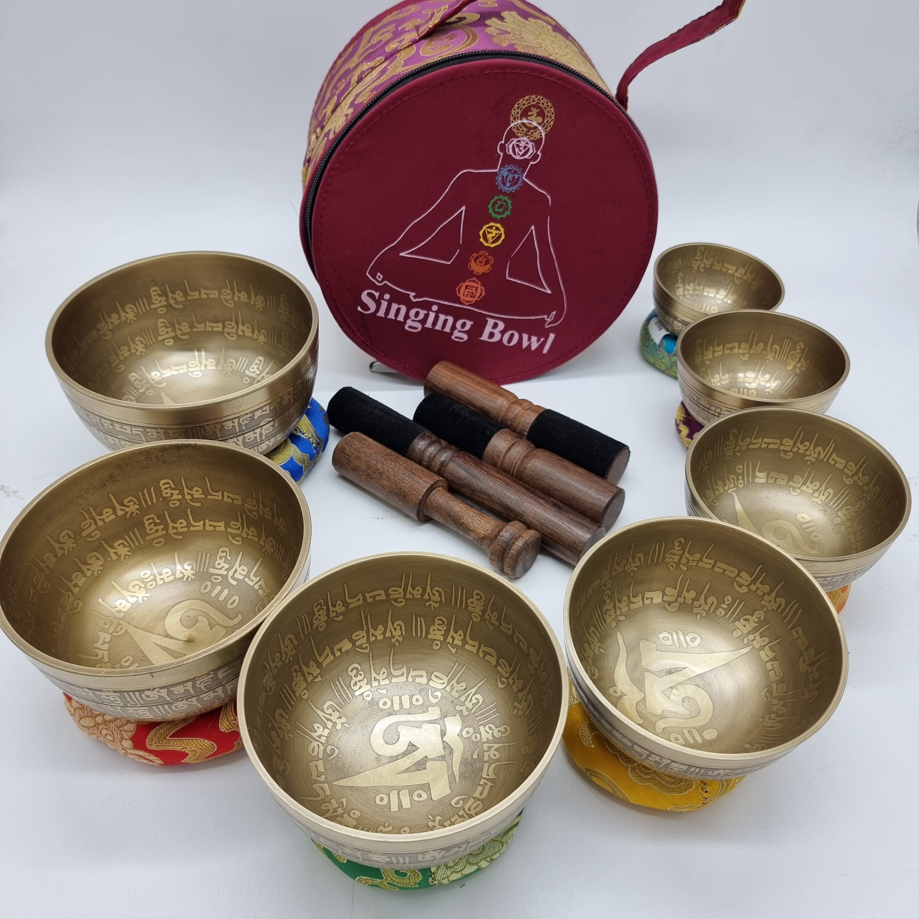 Tibetan Singing Bowls Chakra Sets, Hand Carved Buddha Mantra and Symbol