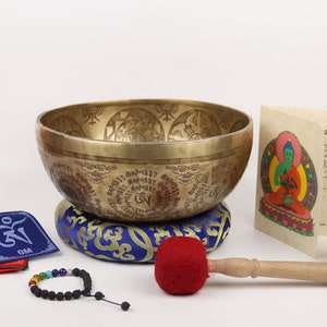Super Handmade Special Fine Carving Tibetan Singing bowl with Meditation Buddha symbol and Tibetan mantras, for sound healing and meditation