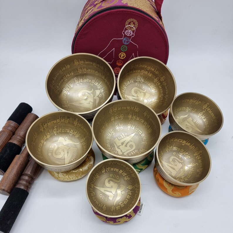 Tibetan Singing Bowls Chakra Sets Hand Carved Buddha Mantra Etsy UK