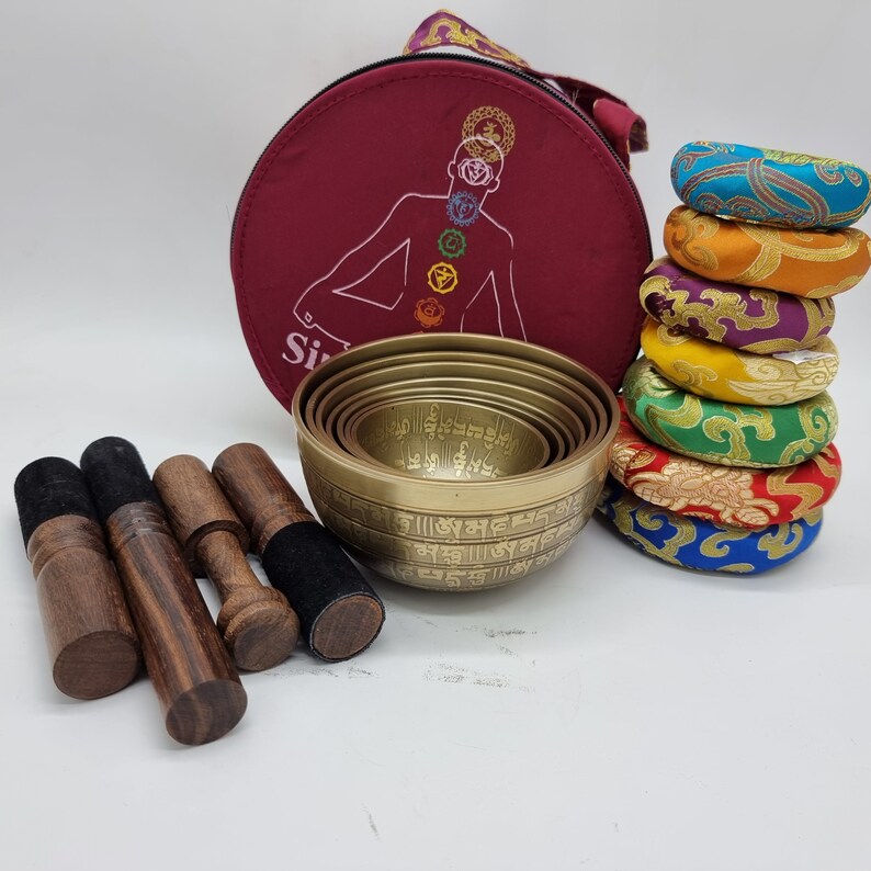 Tibetan Singing Bowls Chakra Sets, Hand Carved Buddha Mantra and Symbol