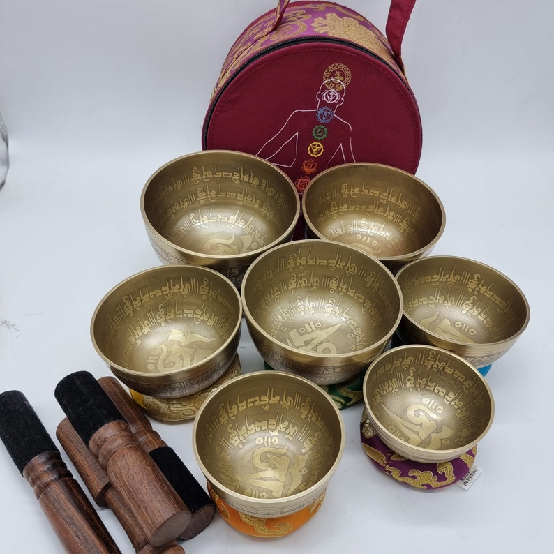 Tibetan Singing Bowls Chakra Sets Hand Carved Buddha Mantra Etsy UK