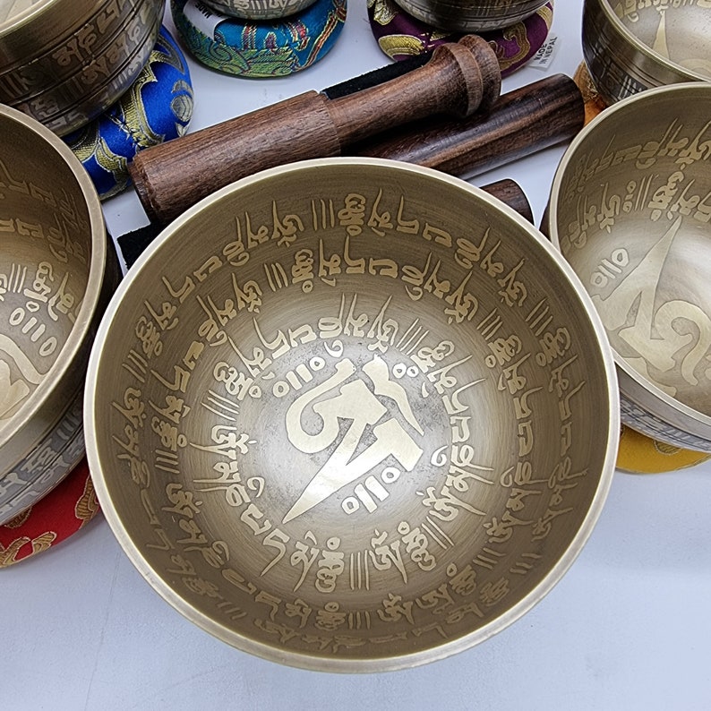Tibetan Singing Bowls Chakra Sets Hand Carved Buddha Mantra Etsy UK