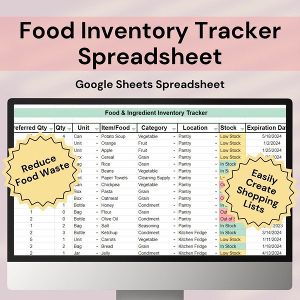 Food Inventory Tracker Spreadsheet - Pantry Inventory Tracker Spreadsheet - Google Sheets - Food Inventory Checklist - Shopping Grocery List