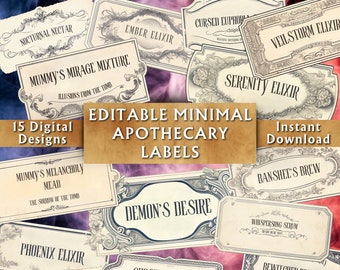 Editable Minimal Apothecary Labels - Printable Apothecary Bottle Labels - Custom Vintage Potion Labels - Instant Download - 15 Designs