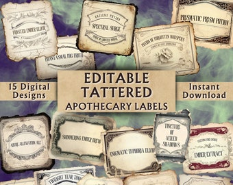 Editable Tattered Apothecary Labels - Printable Apothecary Bottle Labels - Custom Vintage Potion Labels - Instant Download - 15 Designs