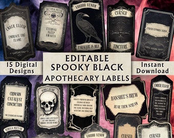 Editable Spooky Black Apothecary Labels - Printable Apothecary Bottle Labels - Custom Vintage Potion Labels - Instant Download - 15 Designs