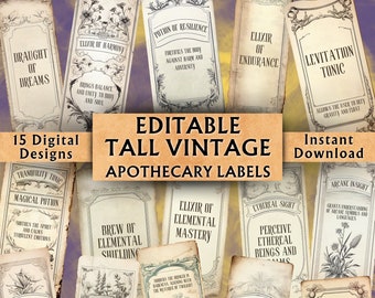 Editable Tall Vintage Apothecary Labels - Printable Apothecary Bottle Labels - Custom Vintage Potion Labels - Instant Download - 15 Designs