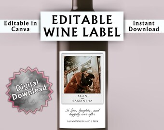 May include: Editable wine label template featuring a couple in a snowy scene. The label includes the text "Sean and Samantha", "To love, laughter, and happily ever after", and "Sauvignon Blanc | 2024".