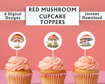 Red Mushroom Cupcake Toppers - Forest Baby Shower Decoration - Woodland Favor Tags - Favor Labels - Instant Digital Download - 6 Designs