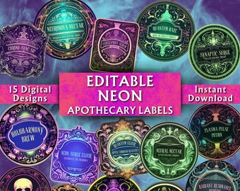 Editable Neon Apothecary Labels - Printable Apothecary Bottle Labels - Custom Cyberpunk Vintage Potion Labels - Download - 15 Designs