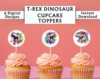 T-Rex Dinosaur Cupcake Toppers - Trex Dinosaur Party Decoration - Dinosaur Favor Tags - Favor Labels - Instant Digital Download - 6 Designs