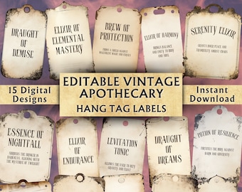 Editable Vintage Apothecary Hang Tag Labels - Printable Apothecary Bottle Labels - Custom Vintage Potion Labels - Download - 15 Designs