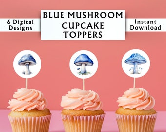 Blue Mushroom Cupcake Toppers - Forest Baby Shower Decoration - Woodland Favor Tags - Favor Labels - Instant Digital Download - 6 Designs