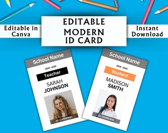 Editable Modern Teacher ID Card Template - Printable Identification Cards - Printable Name Badge - Canva Template - Instant Download