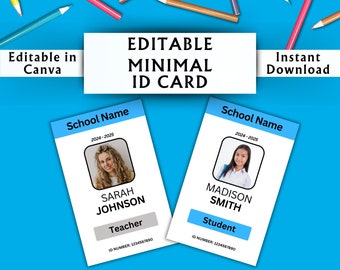 Editable MInimal Teacher ID Card Template - Printable Identification Cards - Printable Name Badge - Canva Template - Instant Download