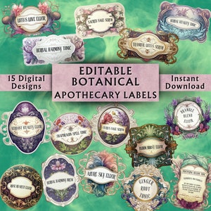 Bearbeitbare botanische Apothekeretiketten - druckbare Apothekerflaschenetiketten - benutzerdefinierte Vintage-Tranketiketten - sofortiger Download - 15 Designs