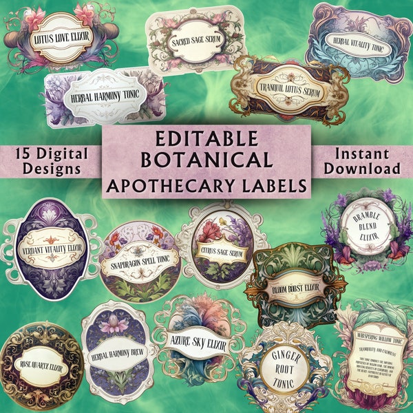 Editable Botanical Apothecary Labels - Printable Apothecary Bottle Labels - Custom Vintage Potion Labels - Instant Download - 15 Designs