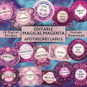 Editable Magical Magenta Apothecary Labels - Printable Apothecary Bottle Labels - Custom Vintage Potion Labels - Download - 15 Designs