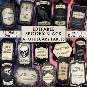 Editable Spooky Black Apothecary Labels - Printable Apothecary Bottle Labels - Custom Vintage Potion Labels - Instant Download - 15 Designs