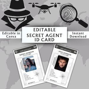 Bewerkbare sjabloon ID-kaart geheim agent - afdrukbare identificatiekaarten - afdrukbare naambadge spion - Canva-sjabloon - direct downloaden