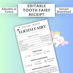 Bearbeitbare Zahnfee-Quittungsvorlage - Druckbares Zertifikat für verlorene Zahnfee - Benutzerdefiniertes Feenetikett - Canva-Vorlage - Sofortdownload #03