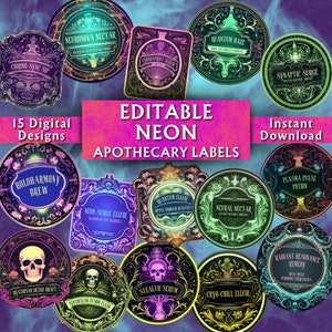 Cover image for an Editable Neon Apothecary Labels Canva Template