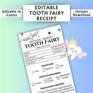 Modèle de reçu modifiable fée des dents - certificat imprimable fée des dents perdues - étiquette personnalisée fée - modèle canva - téléchargement immédiat #04