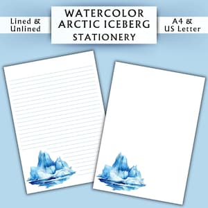 Papelería con diseño de iceberg ártico en acuarela - Papelería imprimible - Papelería digital con acuarela - Papelería de invierno - Papel de escritura digital