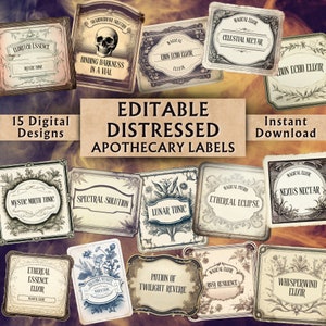 Editable Distressed Apothecary Labels - Printable Apothecary Bottle Labels - Custom Vintage Potion Labels - Download - 15 Designs