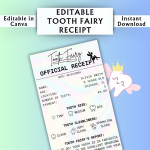 Bearbeitbare Zahnfee-Quittungsvorlage - Druckbares Zertifikat für verlorene Zahnfee - Benutzerdefiniertes Feenetikett - Canva-Vorlage - Sofortdownload #02
