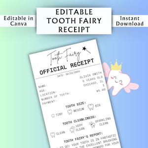 Bearbeitbare Zahnfee-Quittungsvorlage - Druckbares Zertifikat für verlorene Zahnfee - Benutzerdefiniertes Feenetikett - Canva-Vorlage - Sofortdownload #01