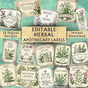 Etiquetas editáveis de boticário de ervas - Etiquetas imprimíveis para frascos de boticário - Etiquetas personalizadas de poções vintage - Download instantâneo - 15 designs