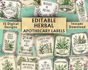 Editable Herbal Apothecary Labels - Printable Apothecary Bottle Labels - Custom Vintage Potion Labels - Instant Download - 15 Designs