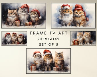 Christmas Frame TV Art - Watercolor Christmas Cats Art for TV - Holiday TV Frame Art - Xmas Frame Tv Art - 5 Instant Digital Downloads